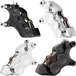 Four Arlen Ness Ness-Tech Differential Bore Front Calipers for 2008-Up Harley-Davidson, two in black and two in chrome, shown from different angles.