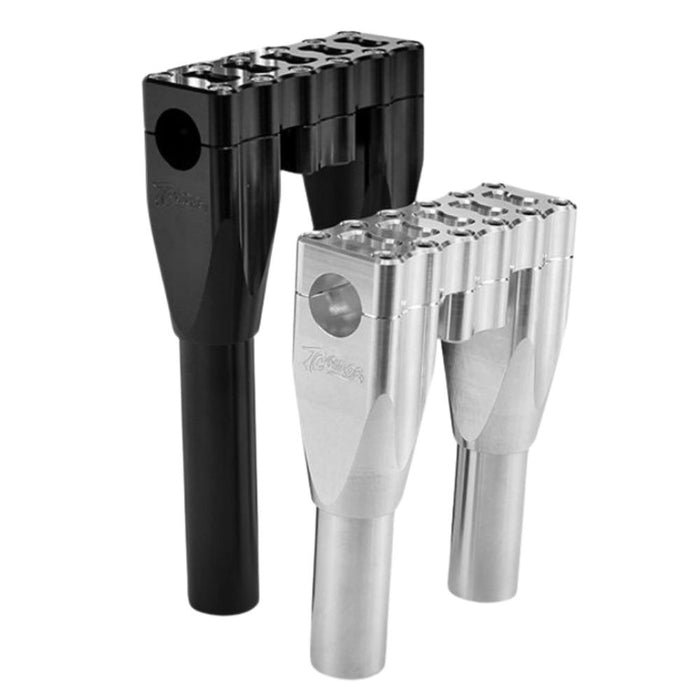 TC Bros. Pro Series Modular Risers for 2022-Up Harley-Davidson Nightster in black and silver, with angled heads and wire channels, are arranged against a white background.