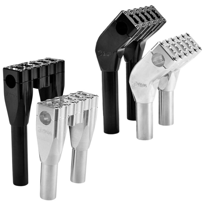 TC Bros. Pro Series Modular Risers for 2022-Up Harley-Davidson Nightster in black and silver, with angled heads and wire channels, are arranged against a white background.