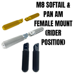 Three pairs of TC Bros. Nomad Rider Footpegs for Harley-Davidson Softail and Pan America, in gold, silver, and black, are displayed for female mount rider positions on a white background.