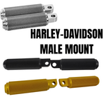 Three pairs of TC Bros. Nomad Footpegs for Harley-Davidson in silver, black, and gold are shown with bold text "Harley-Davidson Male Mount"—the perfect motorcycle footpegs for your ride.