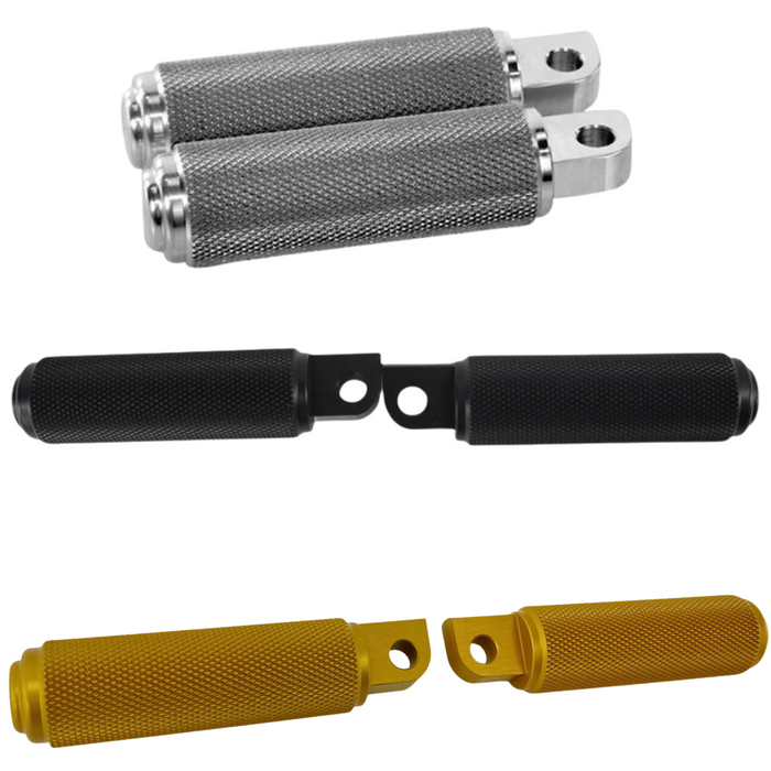 Three pairs of TC Bros. Nomad Footpegs for Harley-Davidson in silver, black, and gold are shown with bold text "Harley-Davidson Male Mount"—the perfect motorcycle footpegs for your ride.