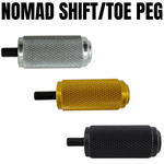 The TC Bros. Nomad Shift/Brake Peg for Harley-Davidson features CNC-machined aluminum pegs in silver, gold, and black with textured grips and threaded bolts. Ideal as a shift or brake peg. "NOMAD SHIFT/TOE PEG" text appears at the top.