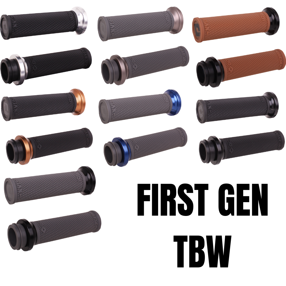 A selection of ODI Ruffian Lock-On Grips For Harley-Davidson First Generation Throttle-By-Wire, offered in a variety of colors and finishes and neatly arranged in rows, with bold "FIRST GEN TBW" text on the right—perfect for Harley-Davidson Throttle-By-Wire models.