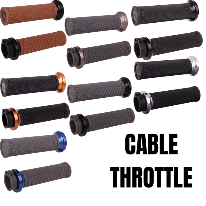 Thirteen ODI Ruffian Lock-on Grips For Harley-Davidson Cable Throttle are displayed in various colors, arranged in rows on a white background beside bold "CABLE THROTTLE" text. Designed by ODI for compatibility with Harley-Davidson Cable Throttle systems, these grips combine standout style and reliable performance, making them ideal for customizing your ride.