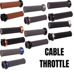 Thirteen ODI Ruffian Lock-on Grips For Harley-Davidson Cable Throttle are displayed in various colors, arranged in rows on a white background beside bold "CABLE THROTTLE" text. Designed by ODI for compatibility with Harley-Davidson Cable Throttle systems, these grips combine standout style and reliable performance, making them ideal for customizing your ride.