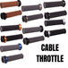 Thirteen ODI Ruffian Lock-on Grips For Harley-Davidson Cable Throttle are displayed in various colors, arranged in rows on a white background beside bold "CABLE THROTTLE" text. Designed by ODI for compatibility with Harley-Davidson Cable Throttle systems, these grips combine standout style and reliable performance, making them ideal for customizing your ride.