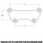 Four Moto Iron® Forged Risers for Harley-Davidson, shown in chrome and black finishes, are displayed with the text "1'' CHOOSE FINISH AND RISE" in the center.