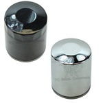 A shiny, cylindrical chrome oil filter from Mid-USA with a smooth surface reflects light. Labeled "Mid-USA Oil Filter for Harley-Davidson Twin Cam and Milwaukee-Eight," it's perfect for these engine models.