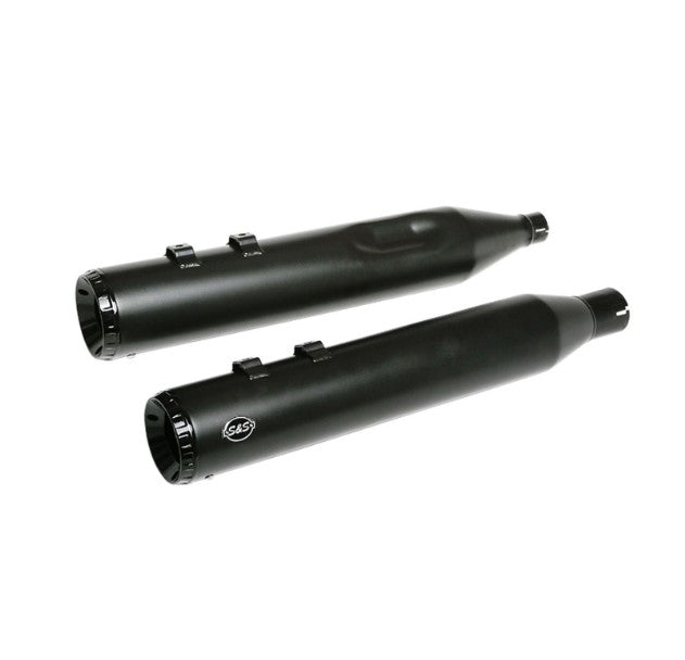 Two S&S Cycle GNX SLIP-ONS for M8 TOURING MODELS - Black on a white background.