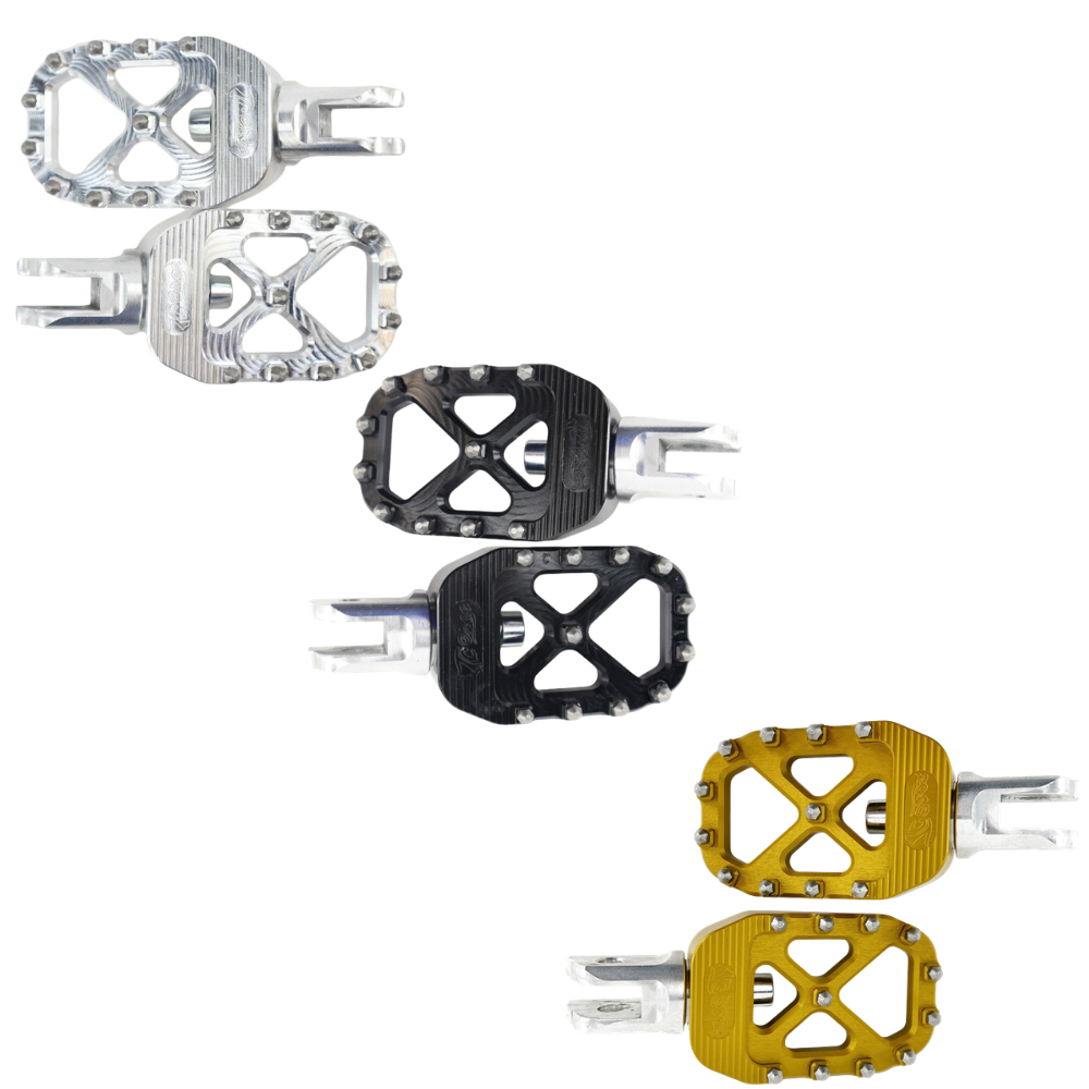 Four pairs of TC Bros. Pro Series MX Footpegs for 2018-Up Harley-Davidson (Rider Position) in silver, black, gray, and gold are arranged diagonally on a white background.