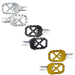 Four pairs of TC Bros. Pro Series MX Footpegs for 2018-Up Harley-Davidson (Rider Position) in silver, black, gray, and gold are arranged diagonally on a white background.