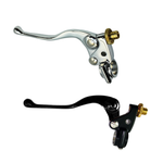 The Moto Iron® 1″ Clutch Perch and Lever for Harley-Davidson and custom builds includes one silver and one black lever, each with a gold adjustment screw, shown on a white background.