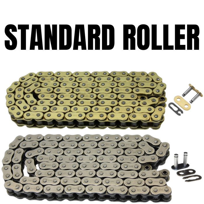 The TC Bros. 120 Link Plain 530 Heavy Duty Motorcycle Chain is shown in both gold and silver with connecting links, labeled "PLAIN"—a durable example from TC Bros. for motorcycles.