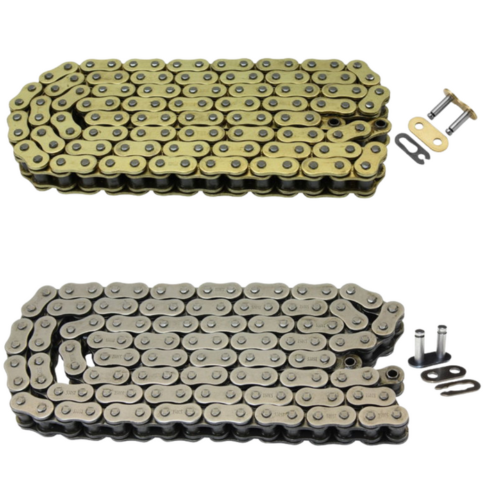 The TC Bros. 120 Link Plain 530 Heavy Duty Motorcycle Chain is shown in both gold and silver with connecting links, labeled "PLAIN"—a durable example from TC Bros. for motorcycles.