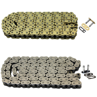 The TC Bros. 120 Link Plain 530 Heavy Duty Motorcycle Chain is shown in both gold and silver with connecting links, labeled "PLAIN"—a durable example from TC Bros. for motorcycles.