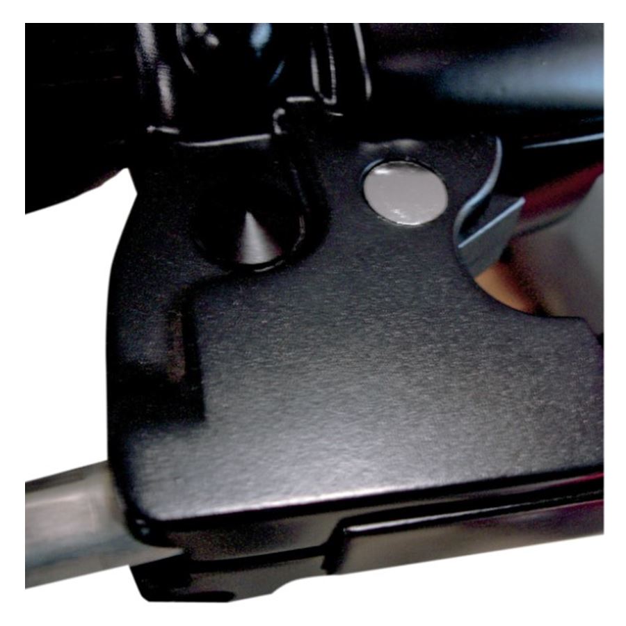 A close up of a black handlebar latch with a Joker Machine Mirror Hole Plug - Black.