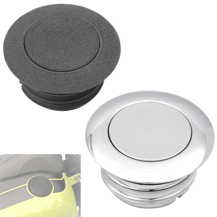 Moto Iron® Pop-Up Fuel Cap set for Harley-Davidson and custom bikes, includes one black billet aluminum and one chrome cap, with a small inset image showing the black cap installed on a yellow motorcycle.