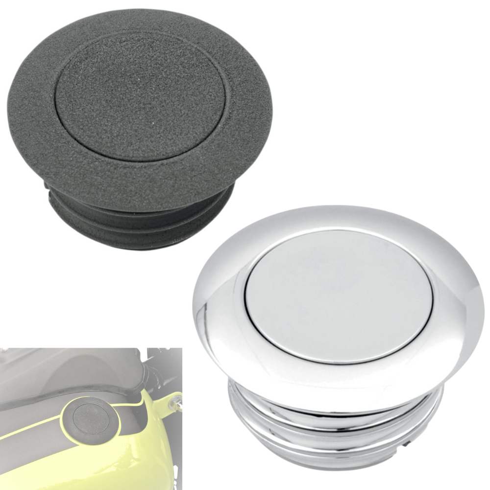 Moto Iron® Pop-Up Fuel Cap set for Harley-Davidson and custom bikes, includes one black billet aluminum and one chrome cap, with a small inset image showing the black cap installed on a yellow motorcycle.