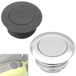 Moto Iron® Pop-Up Fuel Cap set for Harley-Davidson and custom bikes, includes one black billet aluminum and one chrome cap, with a small inset image showing the black cap installed on a yellow motorcycle.