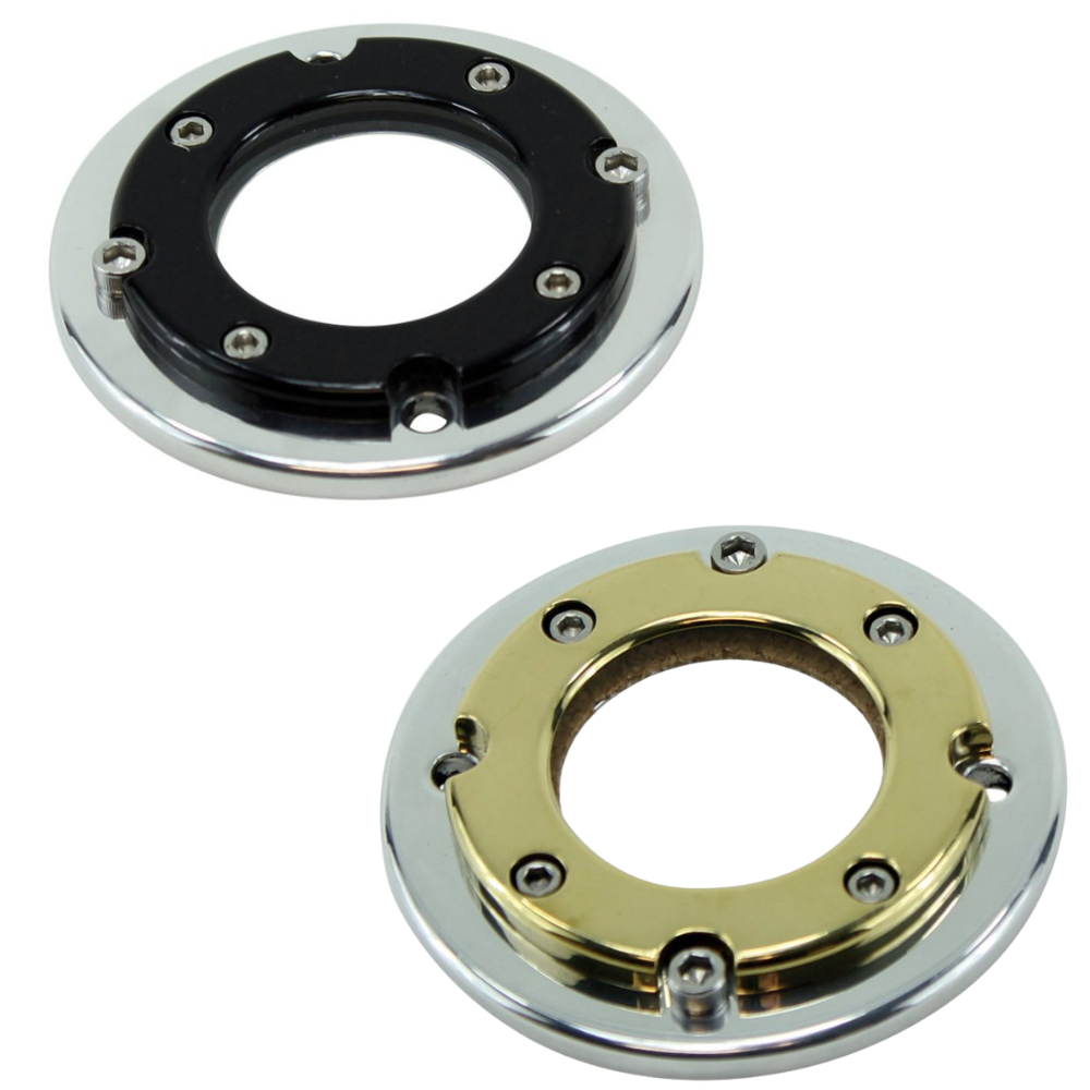 Two circular metal mounting plates with a black and a gold inner ring, each with screws and a central opening, shown on a white background—ideal as the LC Fabrications Porthole Points Cover for Harley-Davidson 1970-2022.