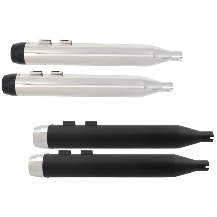 Four Mid-USA Powerhouse Slip-On Mufflers for 1985-2016 Harley-Davidson Touring motorcycles—two in silver and two in black—are arranged horizontally against a white background, capturing the classic look of iconic Touring models. These mufflers from Mid-USA are engineered to provide the deep, signature exhaust rumble that Harley-Davidson enthusiasts desire.