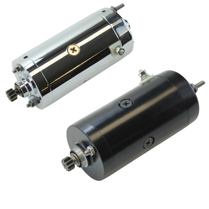 Two cylindrical Mid-USA Starter Motors for L1966-1982 Harley-Davidson Big Twin and Sportster—one chrome, one black—each with connection terminals and a gear, ideal starter options for your Harley.