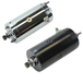 Two cylindrical Mid-USA Starter Motors for L1966-1982 Harley-Davidson Big Twin and Sportster—one chrome, one black—each with connection terminals and a gear, ideal starter options for your Harley.