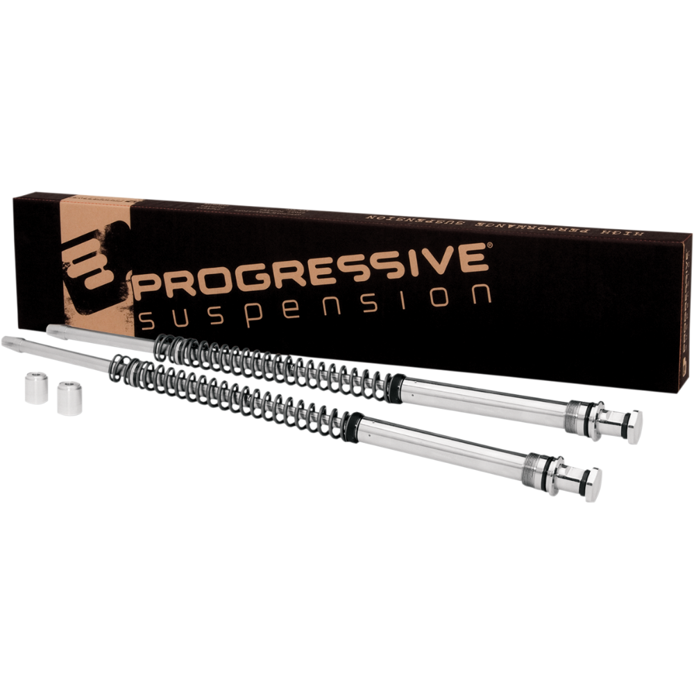 The Progressive Monotube Fork Cartridge Kit for Harley-Davidson Sportster—5-1/2″ Travel by Progressive Suspension boosts front end stability, with a branded box featured in the background.