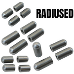 TC Bros. Radius-Style Mounting Bungs by TC Bros., metal dowel pins with rounded ends, perfect for motorcycle fabrication or mounting bungs, arranged on a white background with "RADIUSED" in bold black letters.