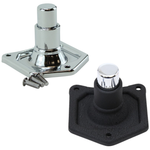 A chrome-plated Moto Iron® Starter Button Bypass Cover for Harley-Davidson 1991-2022, with a round tip on a rectangular base and three screws—its sleek, robust design echoes the look of a Harley starter button.