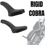 Two black, ribbed TC Bros. Cobra Hardtail Seats are shown, one installed on a motorcycle—ideal for Sportster hardtails or anyone wanting the classic look of a TC Bros. Cobra chopper seat.