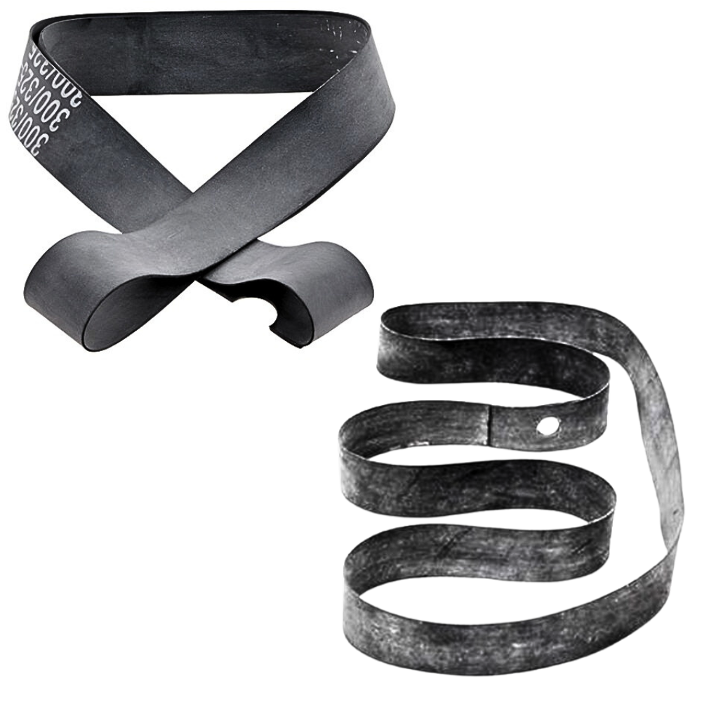 Two black Universal Rubber Rim Strips from Universal, one looped and one coiled, are shown on a white background, highlighting their suitability for spoke nipple protection.