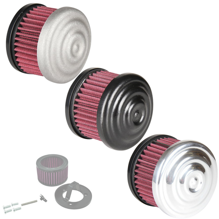 Three TC Bros. Ripple Air Cleaners for Harley-Davidson CV Carburetors and EFI Throttle Bodies, with ribbed metal covers in silver, black, and chrome finishes. Includes installation hardware and a spare air filter element.
