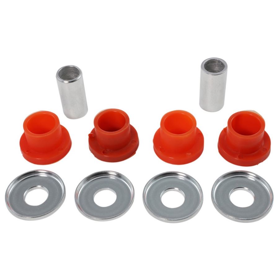 A set of red and orange Urethane Riser Bushings for Harley Touring/Softail 1983-2023 and Alloy Art riser bushings.