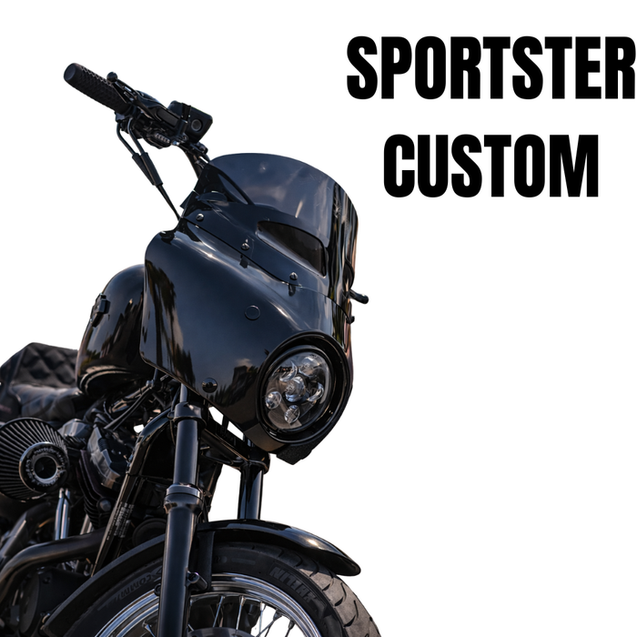 A Memphis Shades Road Warrior Fairing Kit is installed on a 2011-2019 Harley-Davidson Sportster Custom motorcycle, shown in black against a white background, with the text "SPORTSTER CUSTOM.
