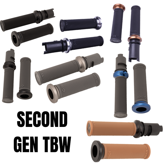 A black cylindrical tube with a flange sits on a white background—the Moto Iron® Throttle Tube for First Generation Harley-Davidson TBW, ideal for Gen 1 models or use with slide-on grips.