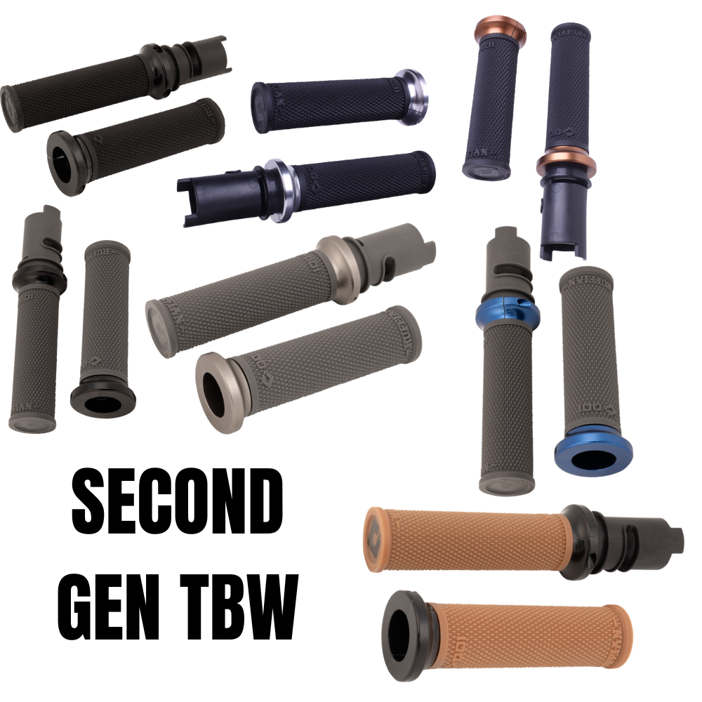A black cylindrical tube with a flange sits on a white background—the Moto Iron® Throttle Tube for First Generation Harley-Davidson TBW, ideal for Gen 1 models or use with slide-on grips.