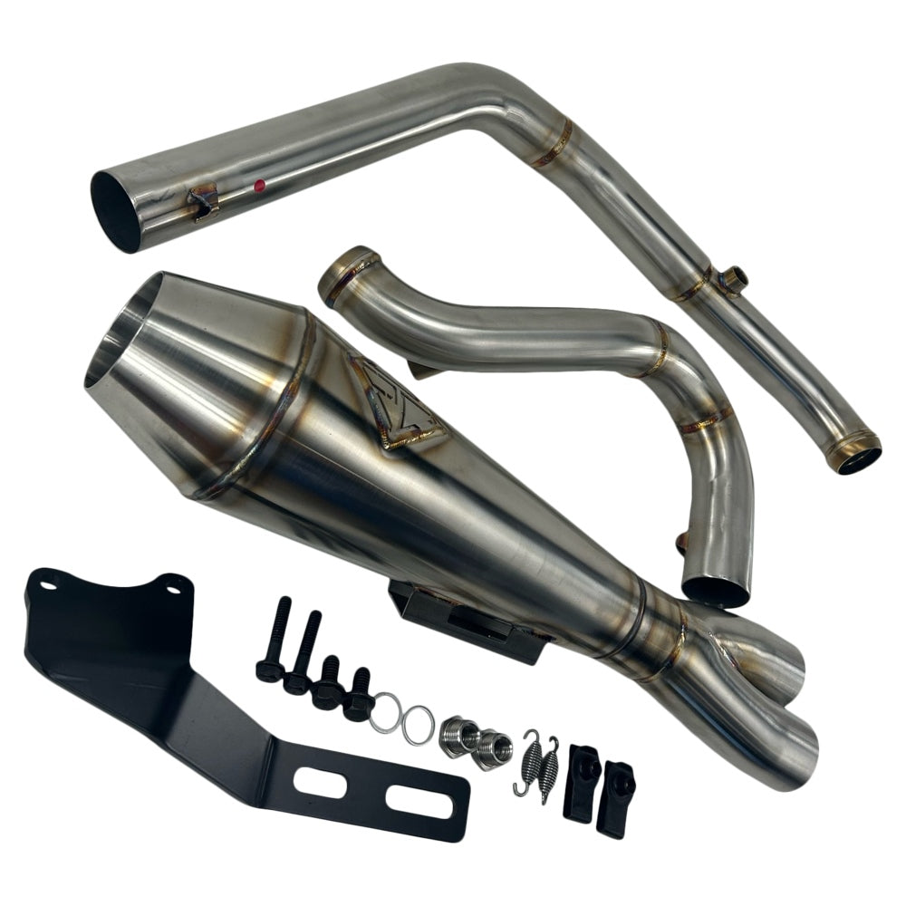 The SP Concepts Lanesplitter Exhaust M8 Softail (TC Bros. Mids) 2018-Present boasts a stainless steel design, complete with multiple pipes, connectors, and mounting hardware, all presented on a white background.