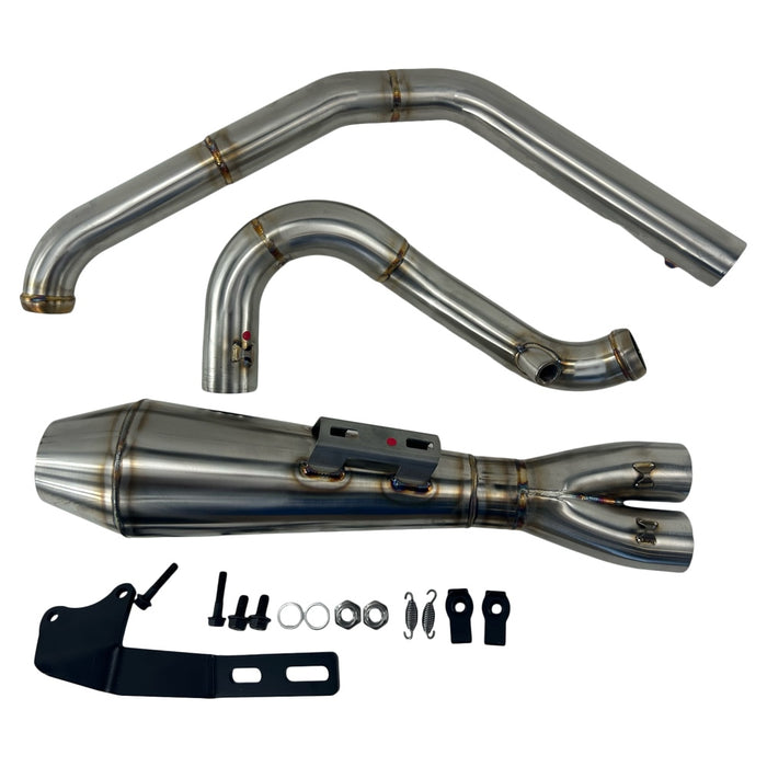 The SP Concepts Lanesplitter Exhaust M8 Softail (TC Bros. Mids) 2018-Present boasts a stainless steel design, complete with multiple pipes, connectors, and mounting hardware, all presented on a white background.