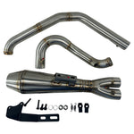 The SP Concepts Exhaust System for 2018-Up Harley-Davidson Softail (for TC Bros. Mid Controls) includes three stainless steel pipe sections, a muffler, mounting brackets, and installation hardware—all displayed on a white background.