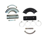 A SP Concepts Stainless Heat Shields for All M8 Softails & Baggers, 99-05 Dyna, 06-17 Dyna motorcycle exhaust, made with high quality materials, including heat shields, parked in a parking lot.