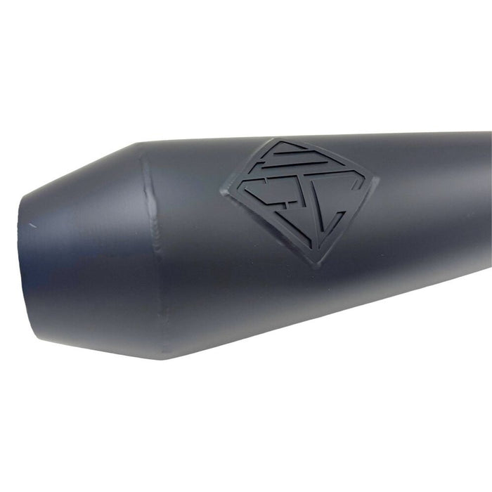The SP Concepts Lanesplitter Exhaust in black, designed for Harley Davidson Sportster models from 2004-2013, features a logo and rests on concrete, enhancing the bike&