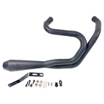 The SP Concepts Lanesplitter Exhaust in black, designed for Harley Davidson Sportster models from 2004-2013, features a logo and rests on concrete, enhancing the bike's rugged allure.