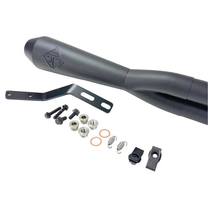 The SP Concepts Lanesplitter Exhaust in black, designed for Harley Davidson Sportster models from 2004-2013, features a logo and rests on concrete, enhancing the bike&