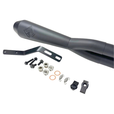 The SP Concepts Lanesplitter Exhaust in black, designed for Harley Davidson Sportster models from 2004-2013, features a logo and rests on concrete, enhancing the bike's rugged allure.