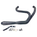 The SP Concepts Lanesplitter Exhaust in black, designed for Harley Davidson Sportster models from 2004-2013, features a logo and rests on concrete, enhancing the bike&