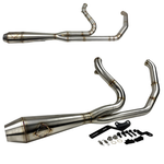 Upgrade your 2018-2024 Harley-Davidson Softail (with OEM Bags) with the SP Concepts Exhaust System—a stainless steel 2-into-1 exhaust complete with pipes, muffler, mounting brackets, and hardware kit from SP Concepts, all showcased on a white background.