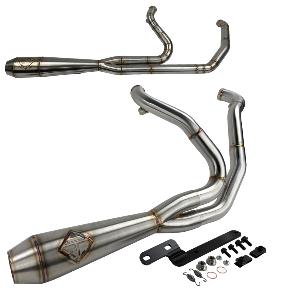 SP Concepts Lane Splitter Exhaust for Harley Touring 2017-2025 is shown in stainless steel, black, and black onyx finishes—labeled side by side—offering stylish customization options for your ride.