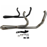 The SP Concepts Exhaust System for 2018-Up Harley-Davidson Softail is shown with mounting hardware and accessories on a white background—ideal for customizing your Harley exhaust setup.